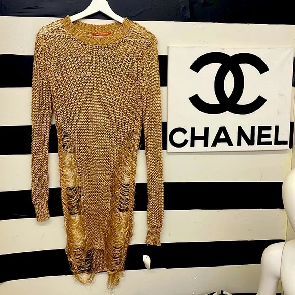 Thirty 6 Point 5 Dresses | Nwt Metallic Gold Sweater Dress or Top. Size Small/Medium. See-Through | Color: Gold | Size: Small Medium |